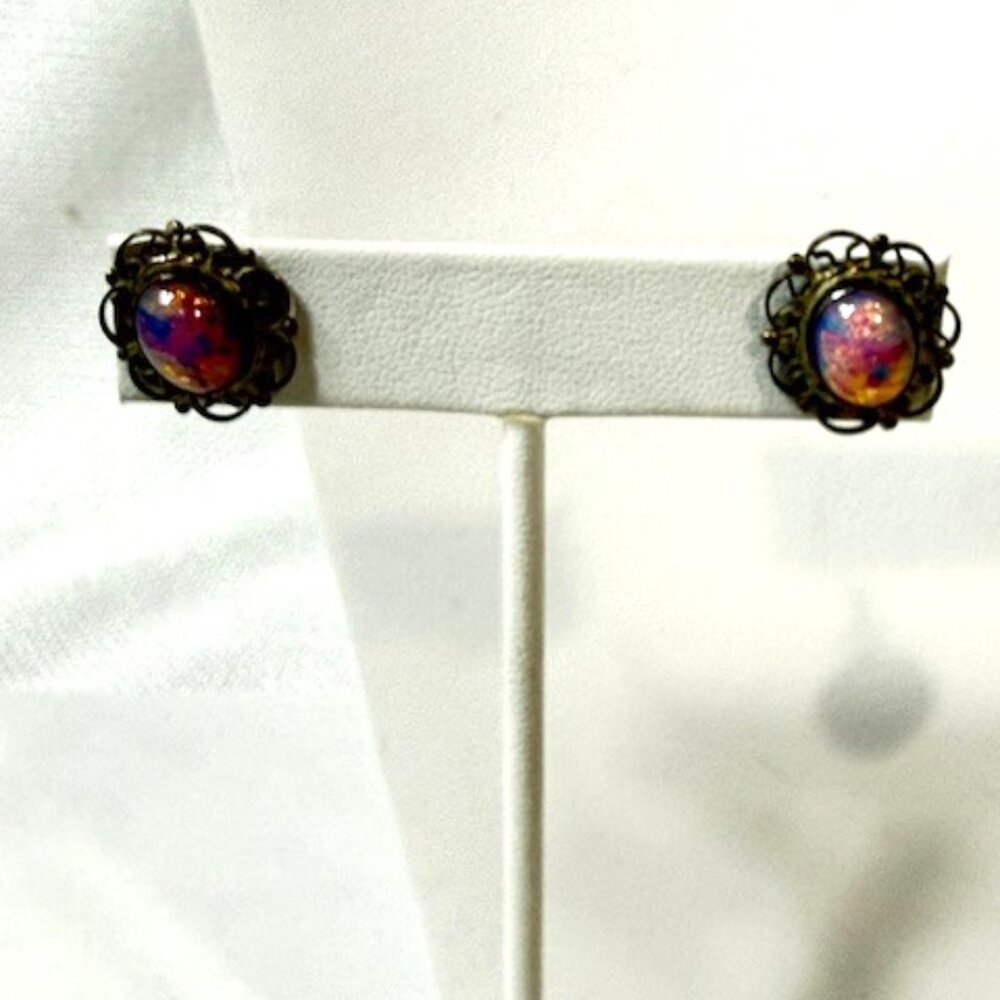 Vintage sterling silver Czech glass harlequin opal 16"  necklace and two earring - Picture 2 of 8